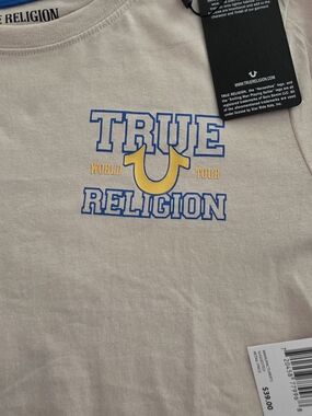 True Religion Pale Pink Tee with Blue & Yellow Logo